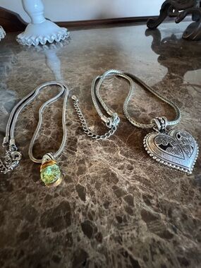 Silver Heart Pendant Necklace with Green Glass Accent -  Vintage Brighton Style